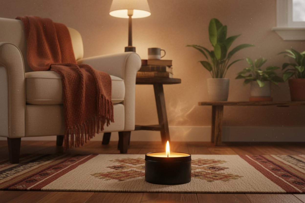 a warm room with a candle burning in a black tin