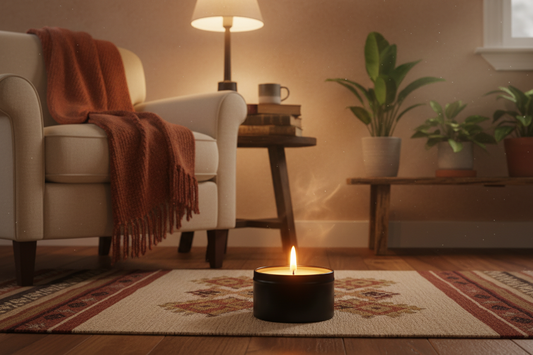 a warm room with a candle burning in a black tin
