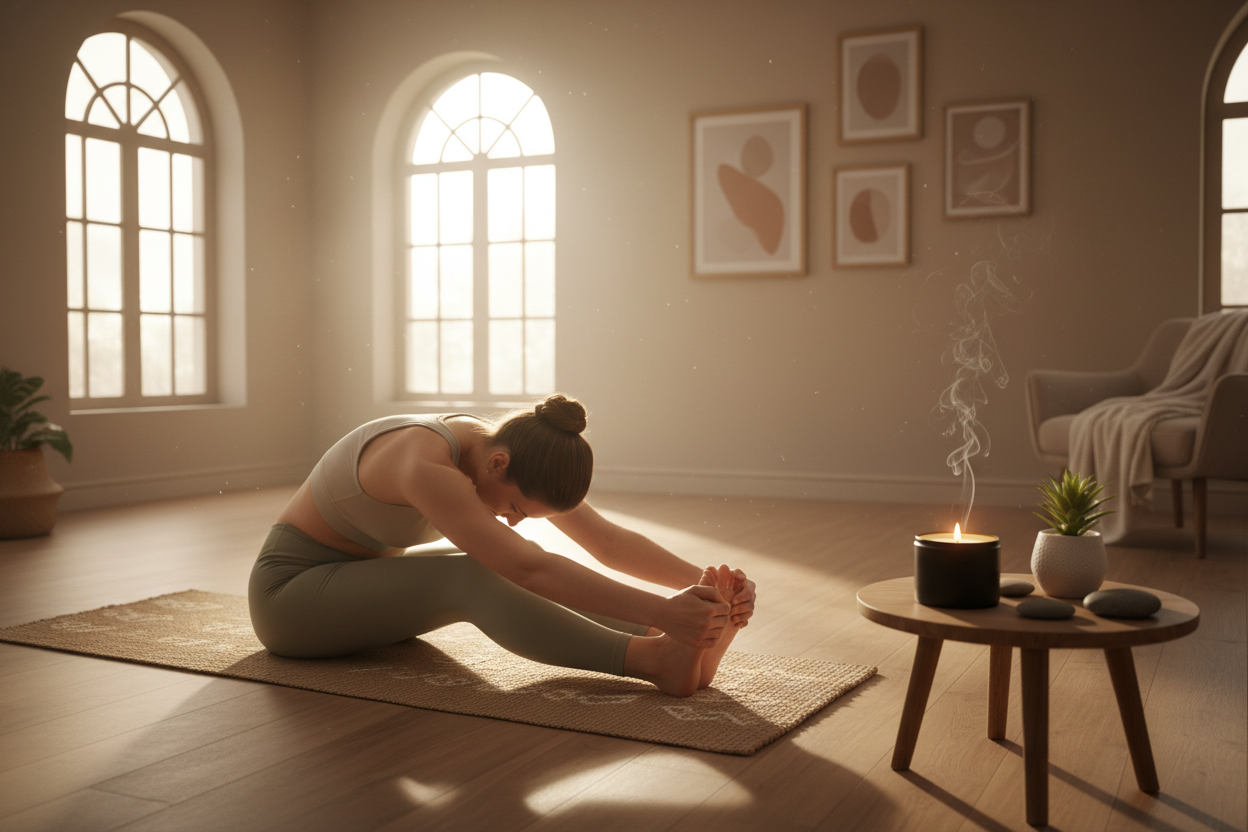 a woman doing yoga with a candle in a black tin