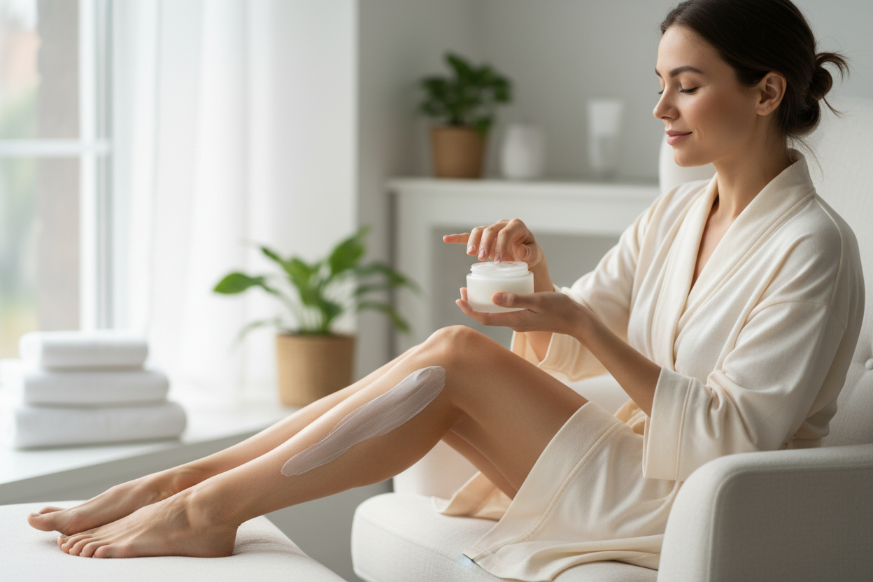 woman putting lotion out of a jar on her calf
